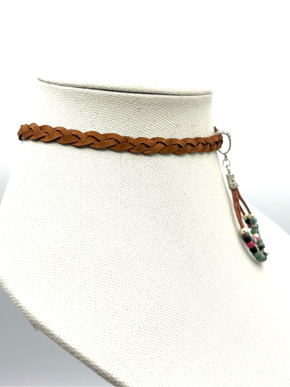 Hand Crafted Braided Brown Leather Choker Necklace Multicolor Beaded Pendant - Picture 4 of 9